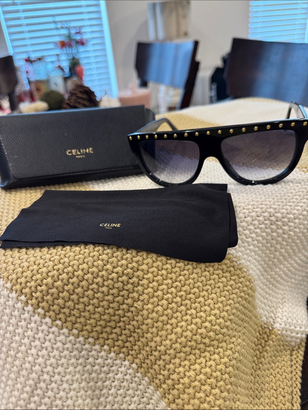 Celine Black Sunglasses with Gold Stud Accents